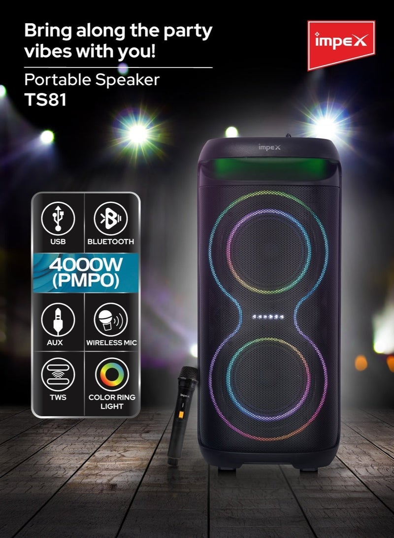 Impex 6.5" Multimedia Trolley Speaker | 4000W PMPO | Wireless Mic, Karaoke, Color Ring Light | Bluetooth/AUX/USB/TWS | 7.4V 3600mAh Battery | Dual 6.5" Speakers | TS 81 New TS 81 New black - Image 2