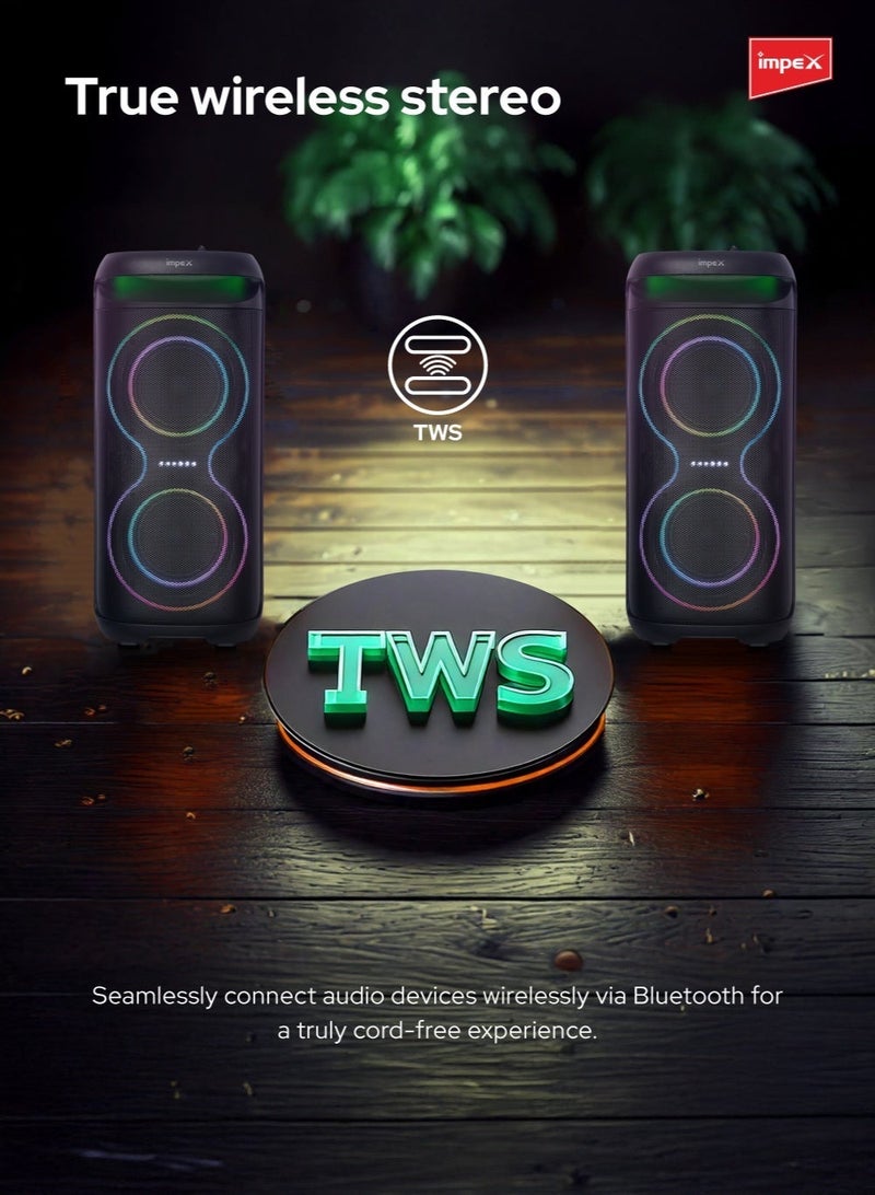 Impex 6.5" Multimedia Trolley Speaker | 4000W PMPO | Wireless Mic, Karaoke, Color Ring Light | Bluetooth/AUX/USB/TWS | 7.4V 3600mAh Battery | Dual 6.5" Speakers | TS 81 New TS 81 New black - Image 5