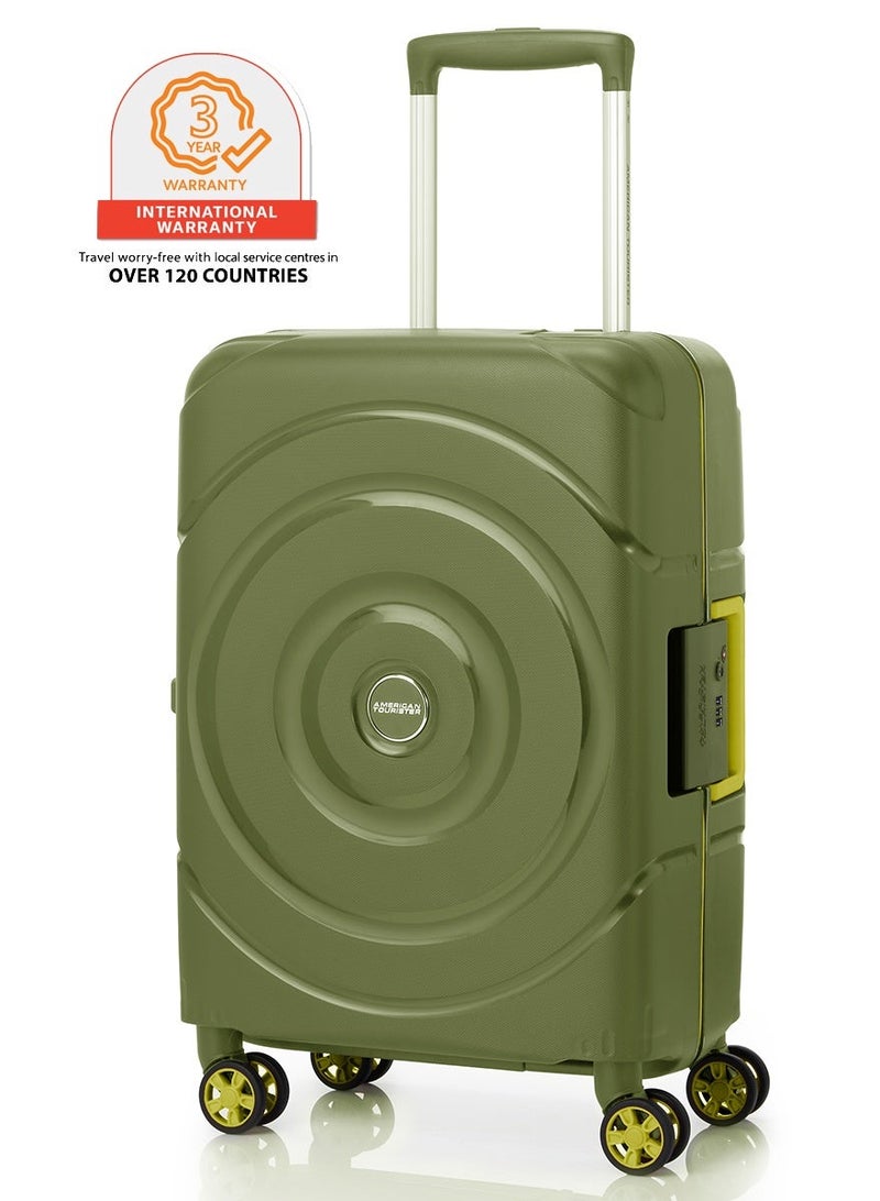 AMERICAN TOURISTER Circurity Suitcase, Cabin Size 55 cm / 20 inch, 4 Spinner Wheels, Hard Top, Polypropylene, Olive|Scratch & Impact Resistant Material|Lightweight|XtraSecu™ 3 Point Locking System|TSA Lock - 3 Years International Warranty - Image 1