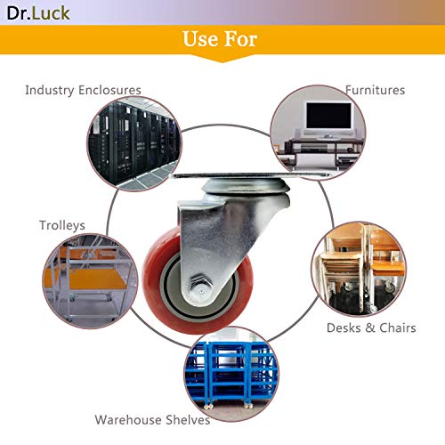 Dr.Luck 3" Red Heavy Duty Caster Wheel Without Brake PU on PP & Steel Swivel Double Ball Bearing, Pack of 4 Total 880 Lbs Capacity 360 Degree Top Plate Premium Commercial Grade Non-Marking Caster - Image 4