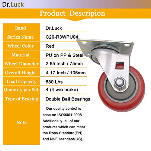 Dr.Luck 3" Red Heavy Duty Caster Wheel Without Brake PU on PP & Steel Swivel Double Ball Bearing, Pack of 4 Total 880 Lbs Capacity 360 Degree Top Plate Premium Commercial Grade Non-Marking Caster - Image 2