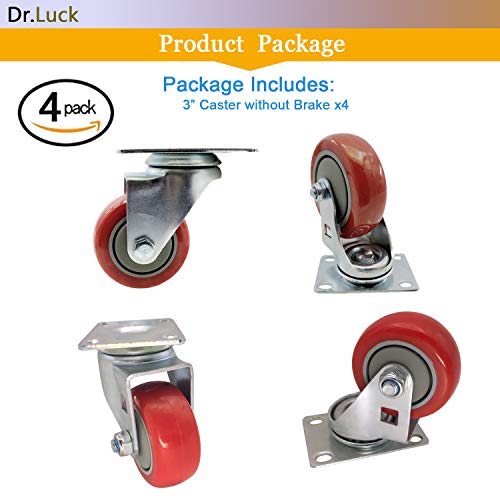 Dr.Luck 3" Red Heavy Duty Caster Wheel Without Brake PU on PP & Steel Swivel Double Ball Bearing, Pack of 4 Total 880 Lbs Capacity 360 Degree Top Plate Premium Commercial Grade Non-Marking Caster - Image 5