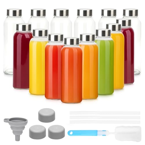 Luxfuel 10 oz Clear Glass Bottle with Lid, Reusable Glass Water Bottles with Stainless Steel Cap & Straws for Juicing, Milk, Ginger & Smoothies, Refrigerator, Leak-Proof, Juice Containers Set of 16 - Image 1