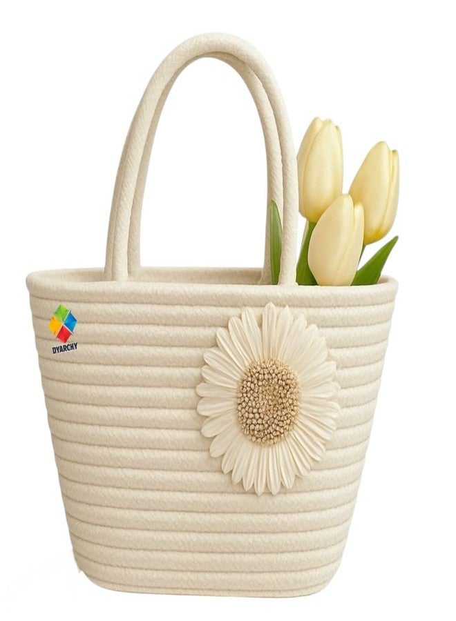 DYARCHY Decorative Woven Straw Basket with Twisted Handles, Daisy Flower Design (IVORY) - Image 1