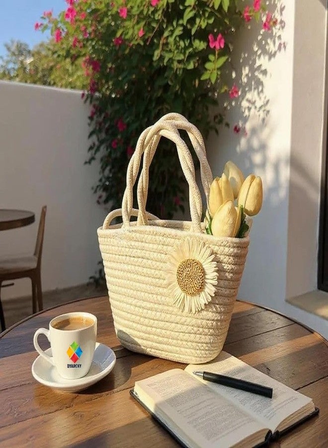 DYARCHY Decorative Woven Straw Basket with Twisted Handles, Daisy Flower Design (IVORY) - Image 2