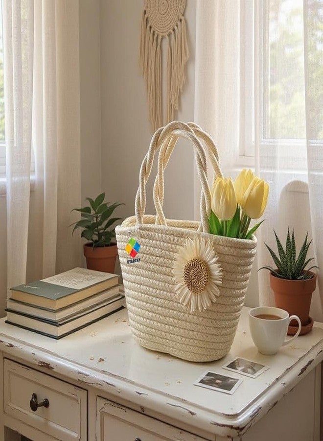 DYARCHY Decorative Woven Straw Basket with Twisted Handles, Daisy Flower Design (IVORY) - Image 4