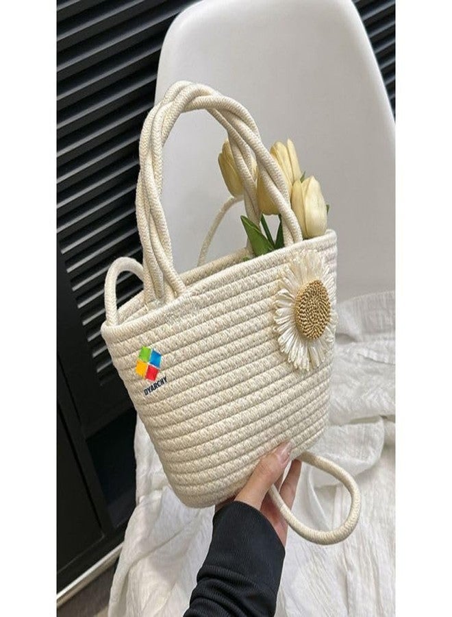 DYARCHY Decorative Woven Straw Basket with Twisted Handles, Daisy Flower Design (IVORY) - Image 3