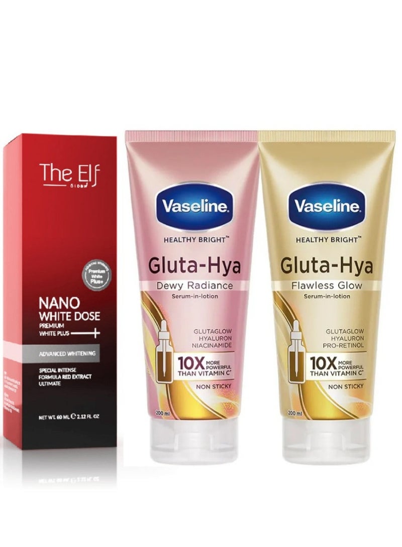 Vaseline Gluta-Hya Serum Burst Lotion (Smooth Radiance / Flawless Glow) Pack of 2 + Nano White Dose Premium White Plus Serum 60ml