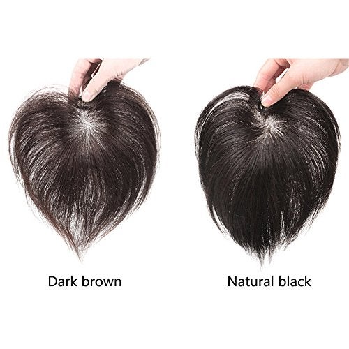 RemeeHi Short Straight Human Hair Toppers 18cm Hand Made Clip in Hairpiece for Covering White Hair Tape Toupee Wiglet 5x7cm Black - Image 4