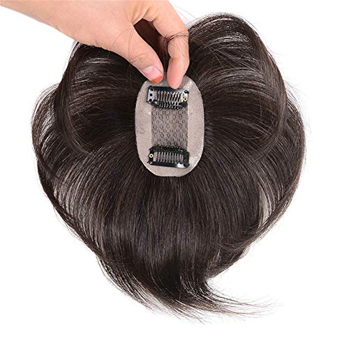 RemeeHi Short Straight Human Hair Toppers 18cm Hand Made Clip in Hairpiece for Covering White Hair Tape Toupee Wiglet 5x7cm Black - Image 5