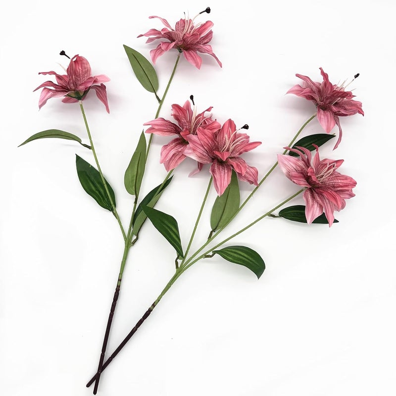 LOVENIMEN Artifical Lily Flowers Full Bloom Silk Flower Long Stems 4 Pack, Fake Stargazer Lilies Bundles Faux Tiger Lily Floral Plant for Wedding Bouquet Home Hotel Office Vase Arrangement Party Decor - Pink - Image 3