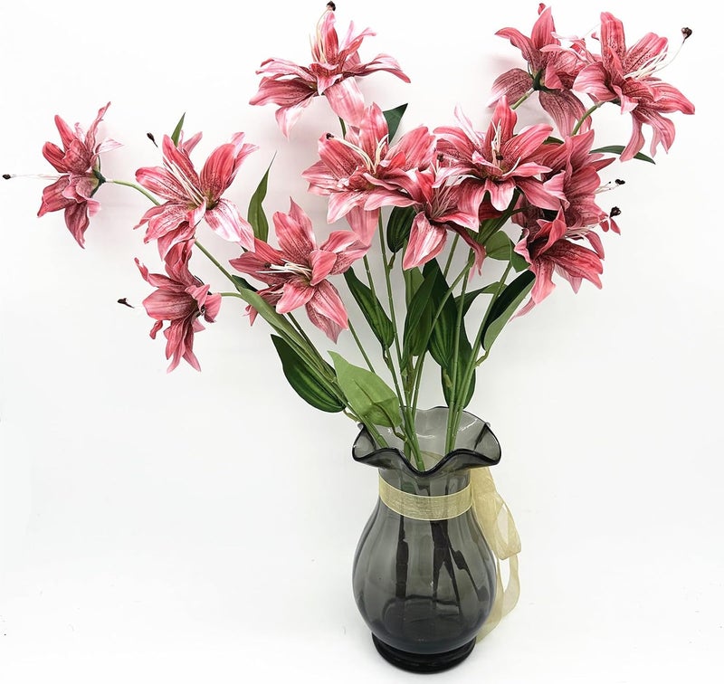 LOVENIMEN Artifical Lily Flowers Full Bloom Silk Flower Long Stems 4 Pack, Fake Stargazer Lilies Bundles Faux Tiger Lily Floral Plant for Wedding Bouquet Home Hotel Office Vase Arrangement Party Decor - Pink - Image 2