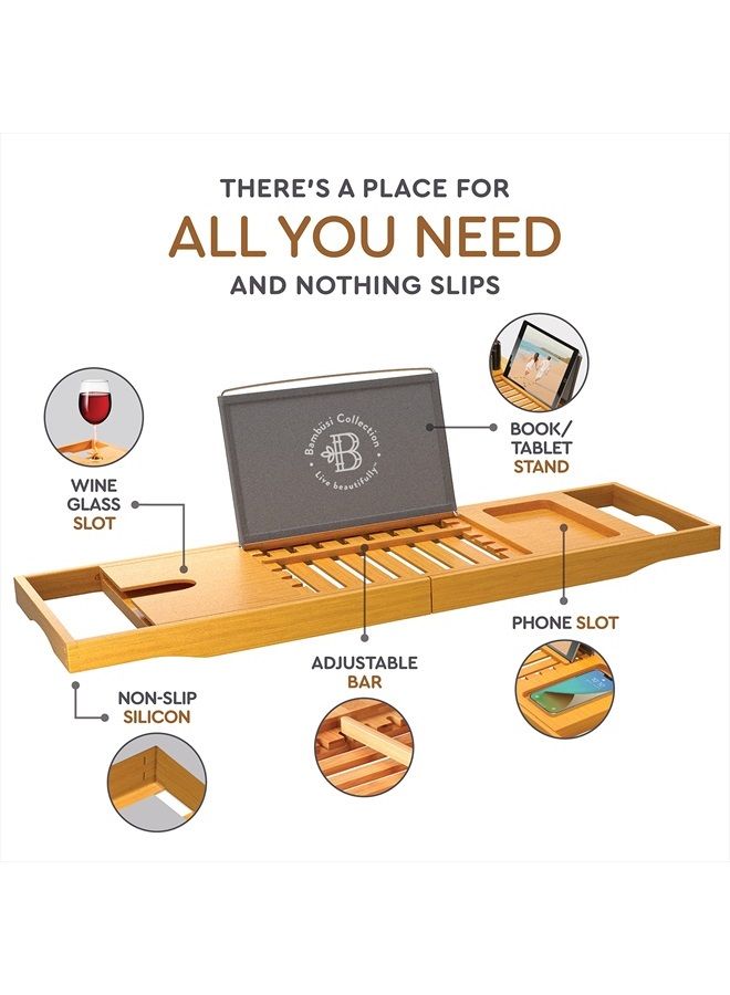 Bambüsi Bathtub Tray Caddy - Bamboo Adjustable Bath Tray - Unique House Warming Gifts, New Home, Anniversary & Wedding Gifts for Couple, Bridal Shower Gift for Women - Image 4