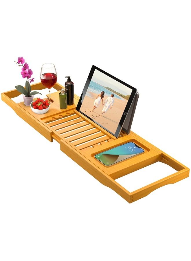 Bambüsi Bathtub Tray Caddy - Bamboo Adjustable Bath Tray - Unique House Warming Gifts, New Home, Anniversary & Wedding Gifts for Couple, Bridal Shower Gift for Women - Image 1