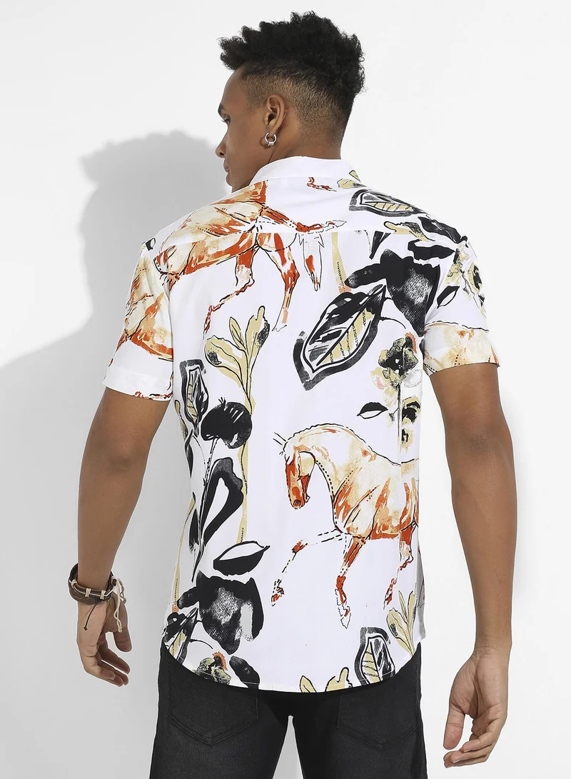 Campus Sutra Men's Brown & Black Foliage Horse Shirt