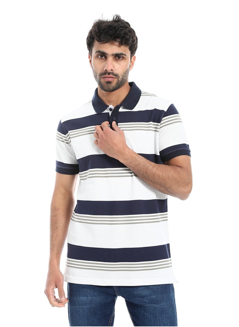 بافون Turn Down Collar Striped Polo Shirt - White, Navy Blue & Olive  - Image 2