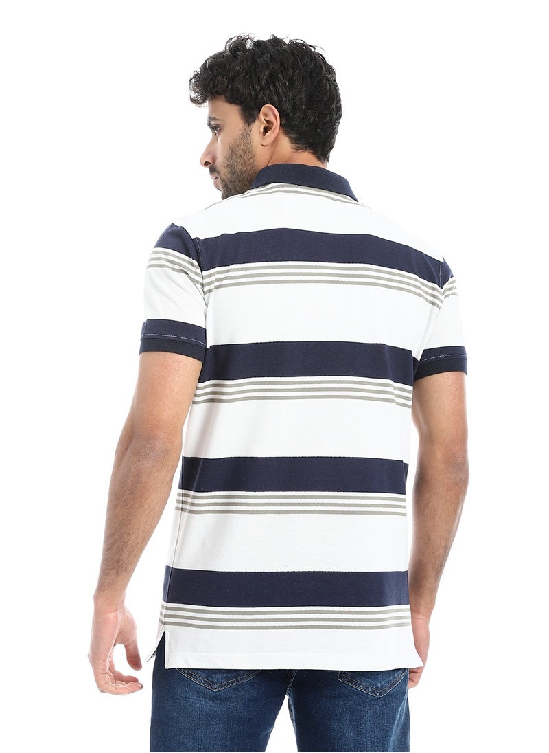 بافون Turn Down Collar Striped Polo Shirt - White, Navy Blue & Olive  - Image 3