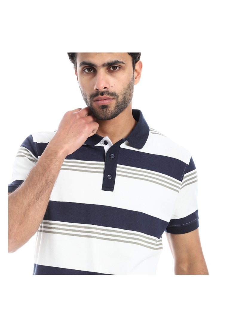 بافون Turn Down Collar Striped Polo Shirt - White, Navy Blue & Olive  - Image 4