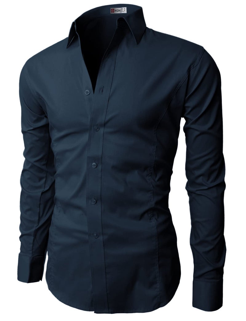 H2H Men's Wrinkle Free Slim Fit Dress Shirts Navy US 3XL/Asia 5XL (JASK14) - Image 3