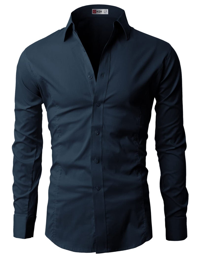 H2H Men's Wrinkle Free Slim Fit Dress Shirts Navy US 3XL/Asia 5XL (JASK14) - Image 4