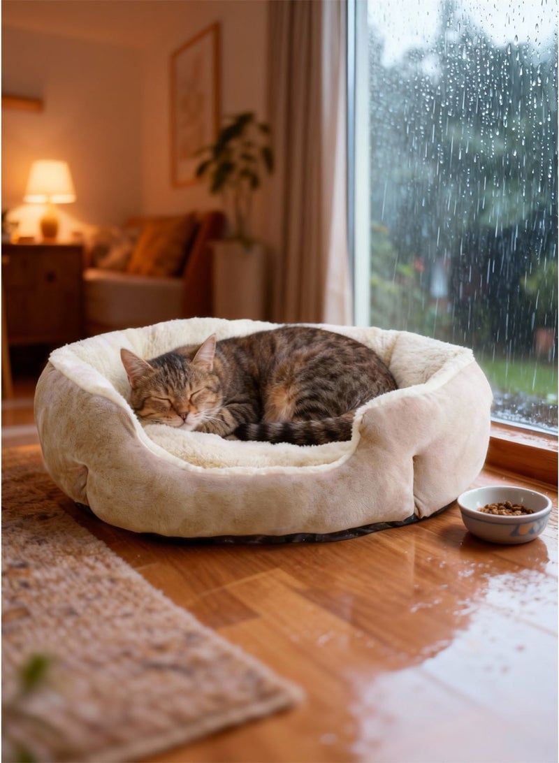 AL-WAHA AL-ZHABIA Extra Soft Small Cat Bed｜Orthopedic Round Pet Bed for Deep Sleep — Made from ultra-soft, skin-friendly materials that support joint and muscle health. The comfortable inner padding provides gentle support, while the machine-washable design and non-slip bottom ensure easy maintenance and safety. Perfect for indoor cats, kittens, and small to medium pets. Lightweight and portable, ideal for use in the bedroom, living room, or by the window — Khaki - Image 1