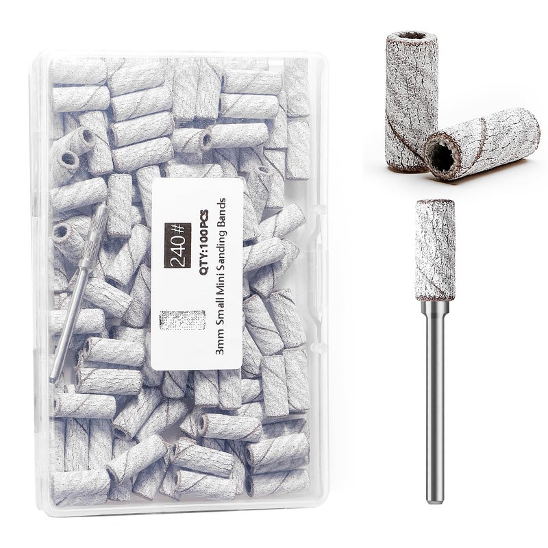 ERUIKA 100pcs Nail Drill Bits Small Sanding Bands with Upgrade 31mm Mandrel Bit 240 Extra Fine Grit Nail File Sanding Bands for Acrylic Nails Gel Removing Shaping Manicures and PedicureZebra240