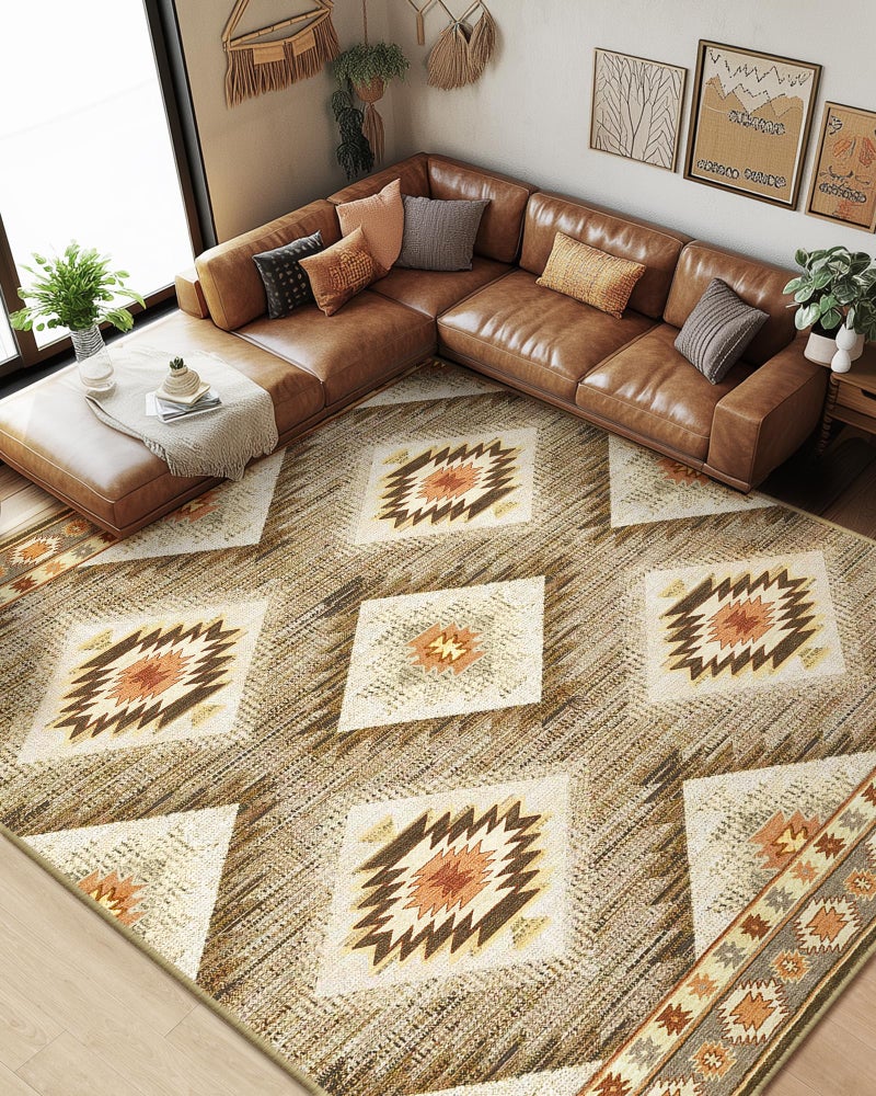 BESTSWEETIE Area Rug 8x10 Rug Machine Washable Non-Slip Low Pile Print Pattern Western Rug for Living Room Bedroom Entryway Tribal Series -Cream/Camel - Image 1