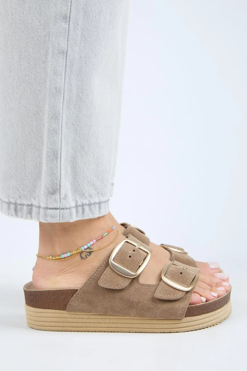 Manijero Manijero Selina Women's Genuine Leather Double Buckle Mink - Gold Slippers