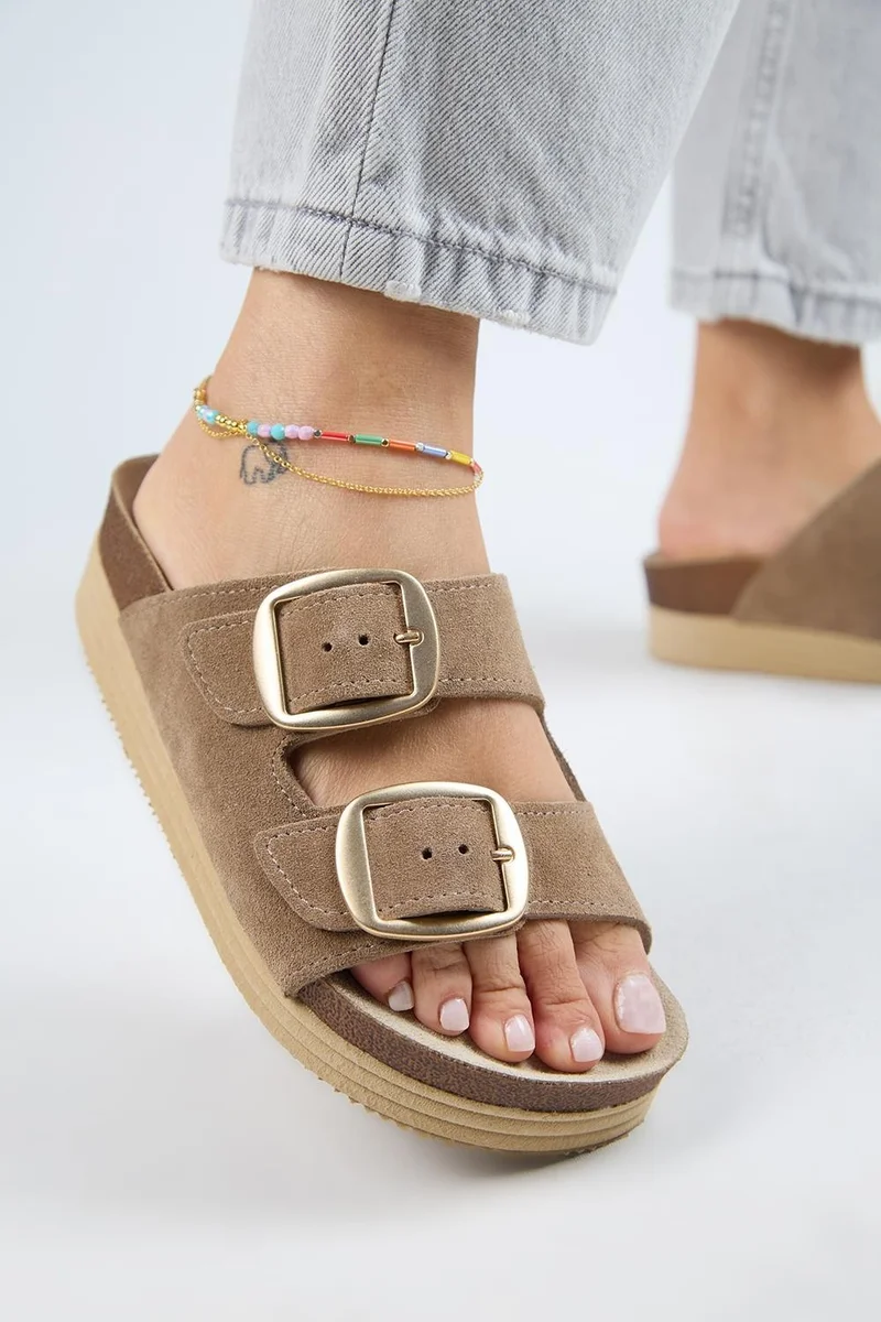 Manijero Manijero Selina Women's Genuine Leather Double Buckle Mink - Gold Slippers