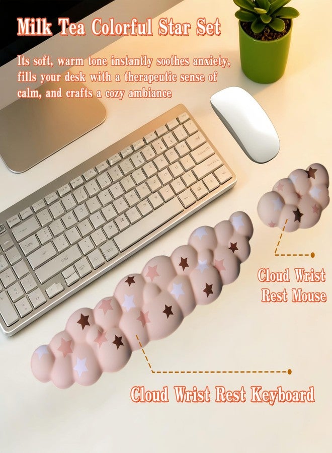 LJYZMD Cloud Wrist Rest Set for Keyboard and Mouse, Includes Cute Coaster, with Computers and Laptops (Milk Tea Colorful Star Set) - Image 3
