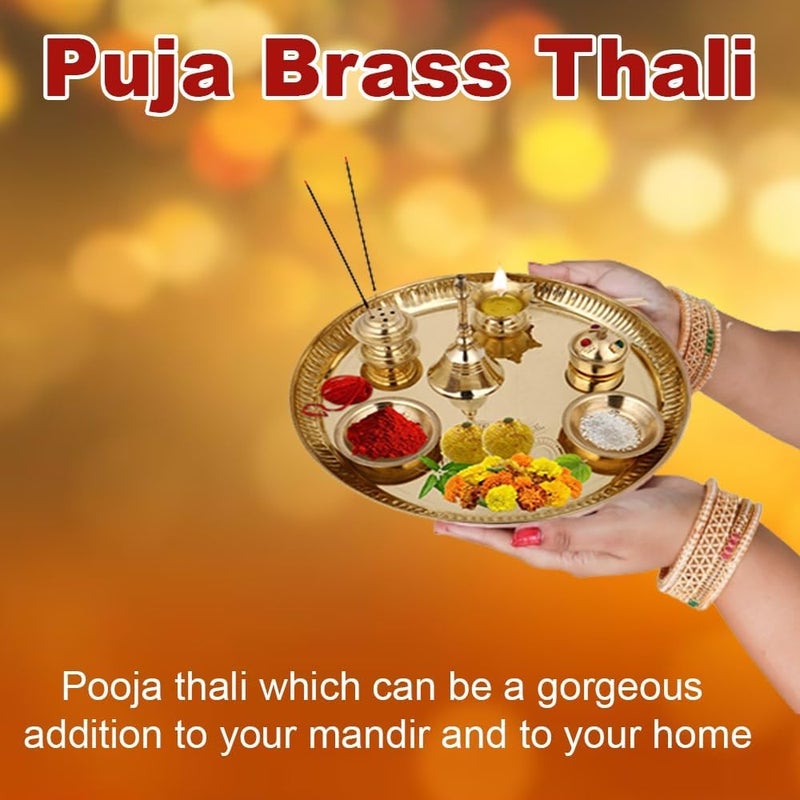 Hashcart ® Brass Puja Thali Set (8.75 Inch, Medium) - Puja Thali Aarti Thali for Home Mandir, Temple | Diwali Decoration, Diwali Thali - Image 5