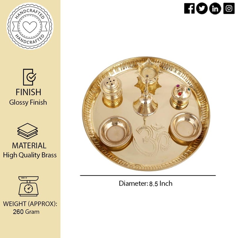 Hashcart ® Brass Puja Thali Set (8.75 Inch, Medium) - Puja Thali Aarti Thali for Home Mandir, Temple | Diwali Decoration, Diwali Thali - Image 3