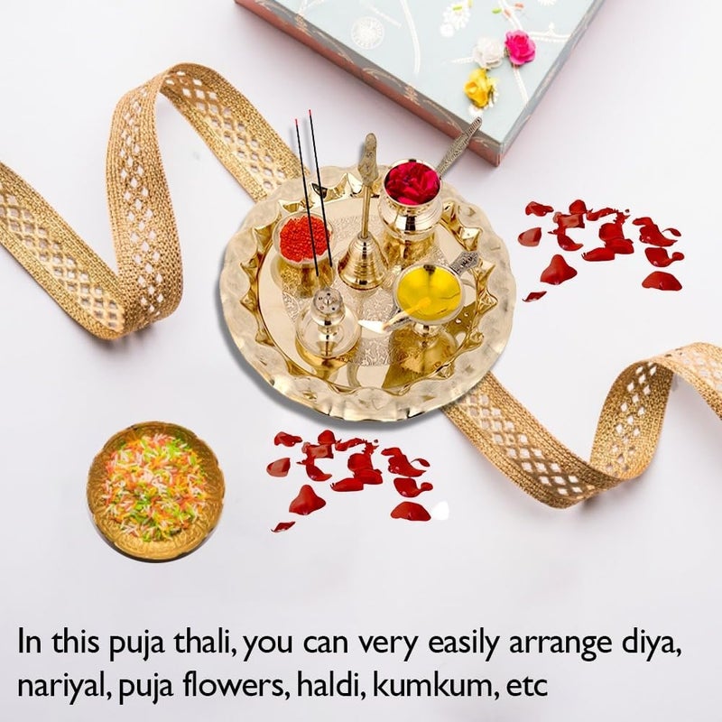 Hashcart ® Brass Puja Thali Set (8.75 Inch, Medium) - Puja Thali Aarti Thali for Home Mandir, Temple | Diwali Decoration, Diwali Thali - Image 4