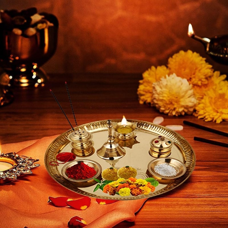 Hashcart ® Brass Puja Thali Set (8.75 Inch, Medium) - Puja Thali Aarti Thali for Home Mandir, Temple | Diwali Decoration, Diwali Thali - Image 1