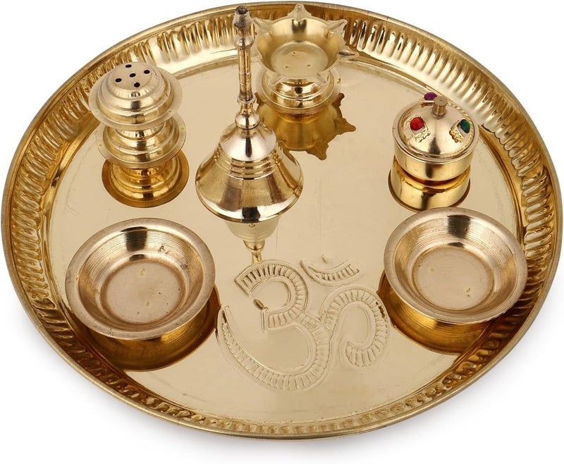 Hashcart ® Brass Puja Thali Set (8.75 Inch, Medium) - Puja Thali Aarti Thali for Home Mandir, Temple | Diwali Decoration, Diwali Thali - Image 2