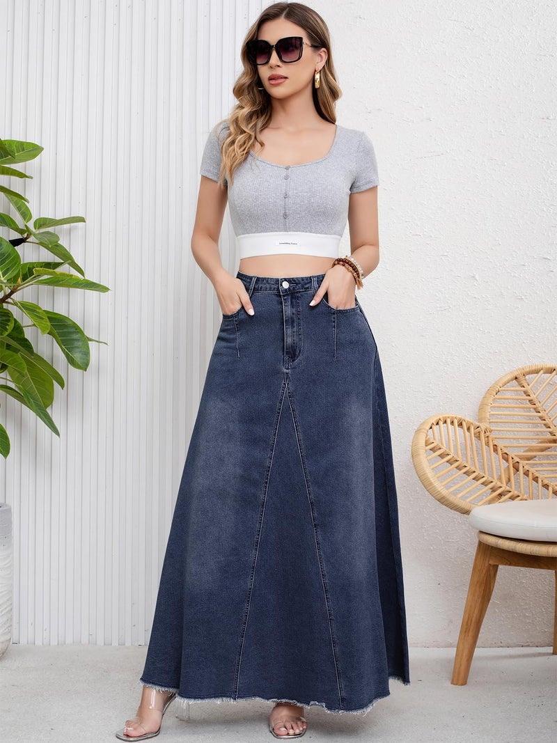 ebossy Women's Retro Distressed High Waist Frayed Hem A Line Wash Maxi Long Denim Skirt with Pockets (L, Blue) - Image 4