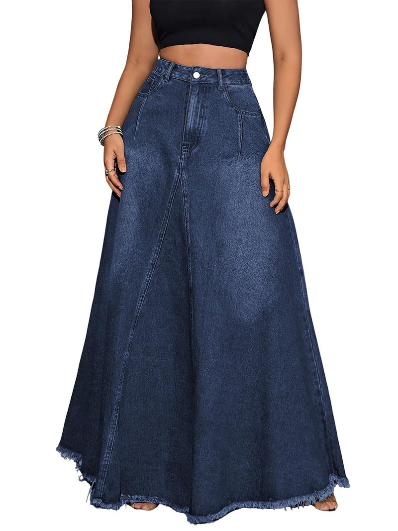 ebossy Women's Retro Distressed High Waist Frayed Hem A Line Wash Maxi Long Denim Skirt with Pockets (L, Blue) - Image 1
