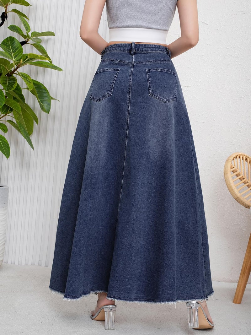 ebossy Women's Retro Distressed High Waist Frayed Hem A Line Wash Maxi Long Denim Skirt with Pockets (L, Blue) - Image 3