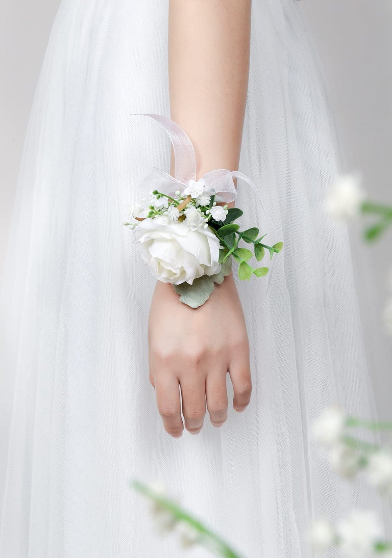 YSUCAU White Rose Wrist Corsages Wristlet Band Bracelet for Wedding Set of 6  Ivory Eucalyptus Wrist Flower Wristband Hand Flower for Bride  Bridesmaid  Mother of Bride  Prom Party Decor - Image 5