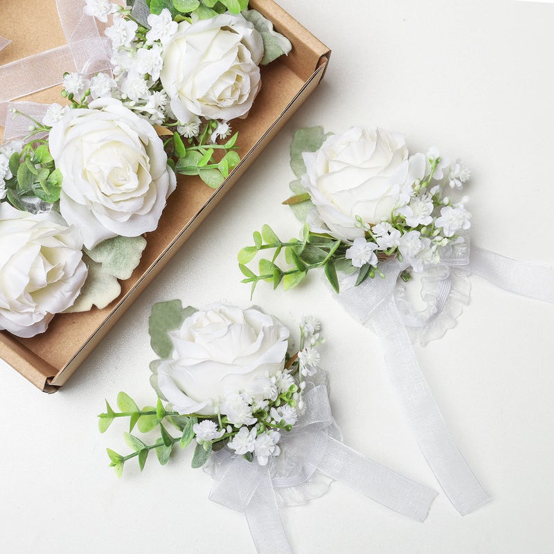 YSUCAU White Rose Wrist Corsages Wristlet Band Bracelet for Wedding Set of 6  Ivory Eucalyptus Wrist Flower Wristband Hand Flower for Bride  Bridesmaid  Mother of Bride  Prom Party Decor - Image 3