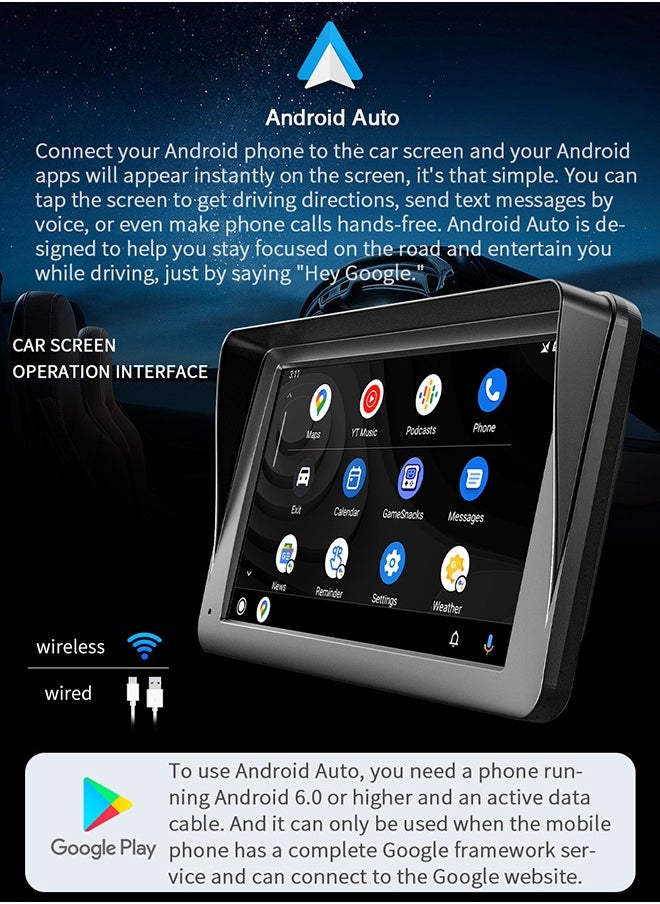 XUTIANZE - XUTIANZE Wireless Carplay Screen for Car,7 inch HD IPS Touch Screen Portable Car Radio Audio Receivers, Wireless Android Auto Screen with Dual Bluetooth/MirrorLink/GPS/Voice Control/AUX/FM Transmit - Image 1