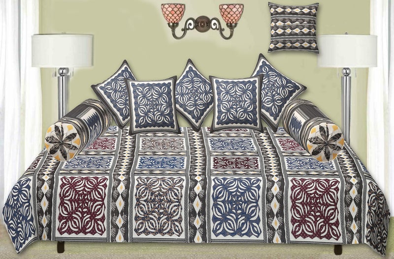 Blizz Mont | Badmeri Printed Diwan Set | Pure Cotton | Quilted | Set Contains- 8 Pieces (1 Single Bedsheet, 2 Boster Covers, 5 Cushion Covers | BARGU Gold-CO1 - Image 1
