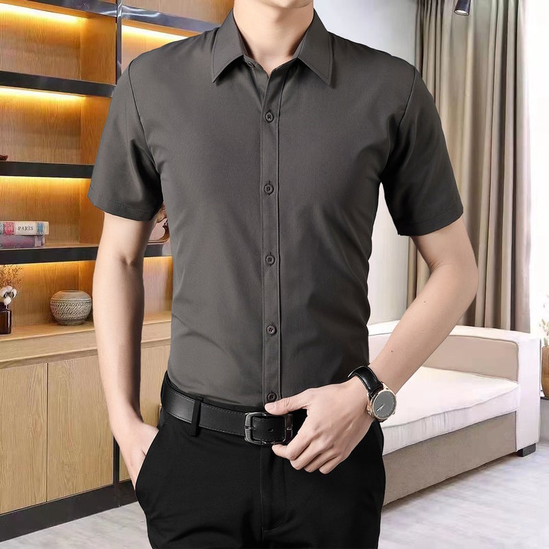 Summer men's short-sleeved shirt, big red zodiac year, solid color, no ironing, slim fit, plus size, half-sleeved professional work shirt - Image 1