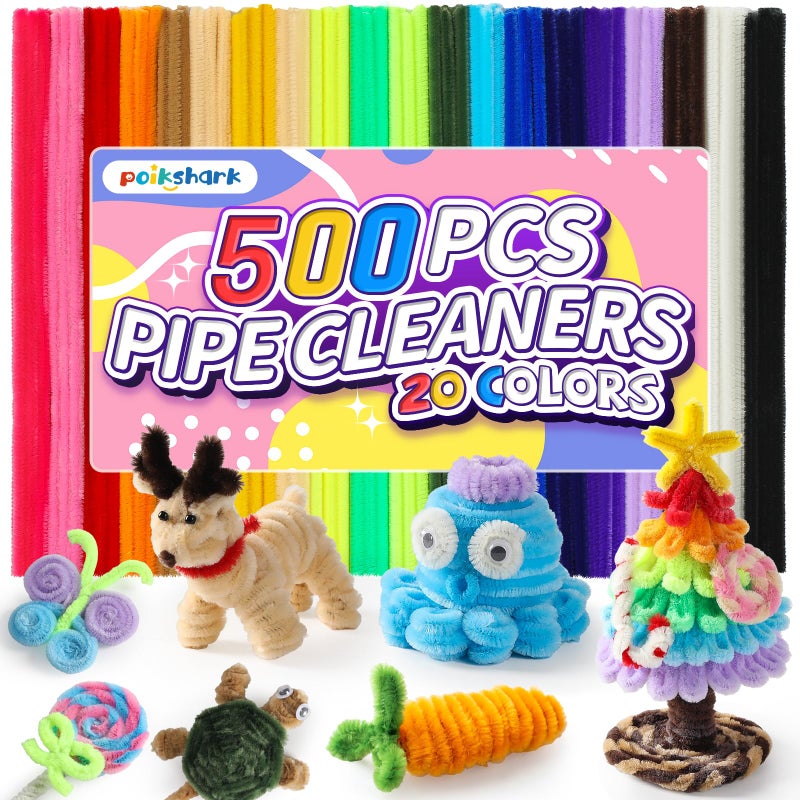 POIKSHARK 500 PCS 20 Colors Thick Pipe Cleaners Craft, Multi-Colored Chenille Stems for Craft Supplies & Materials, Fuzzy Pipe Cleaners Bulk for DIY Arts Projects, Rainbow Pipe Cleaners(12inch*6mm) - Image 1