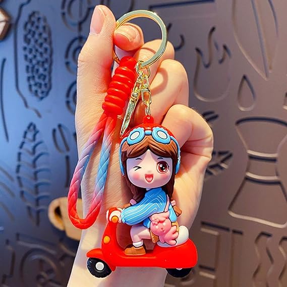 CASENED Rubber Cute 3D Silicon Cartoon Keychain - Cute Design Key Holder for Bags, Backpacks, and Keys (Red Bike Girl) - Image 3