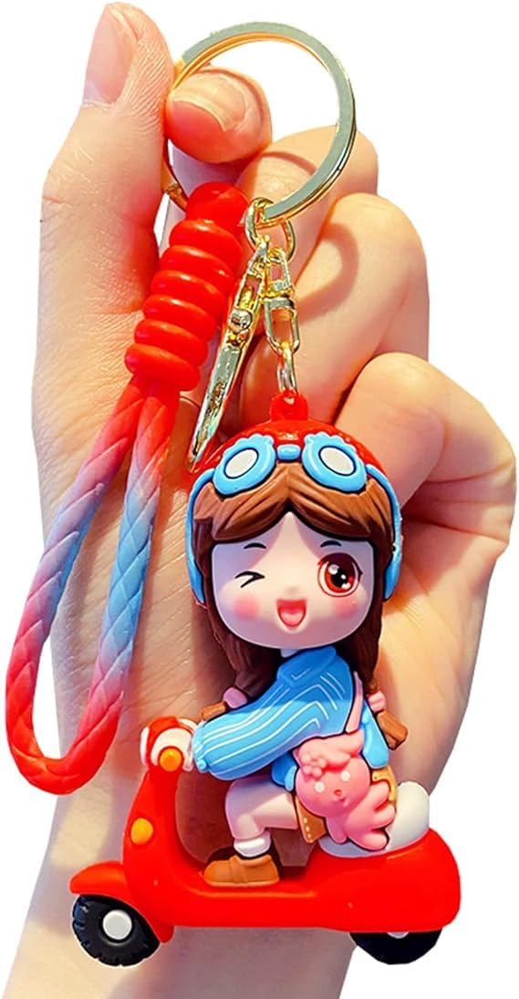 CASENED Rubber Cute 3D Silicon Cartoon Keychain - Cute Design Key Holder for Bags, Backpacks, and Keys (Red Bike Girl) - Image 1