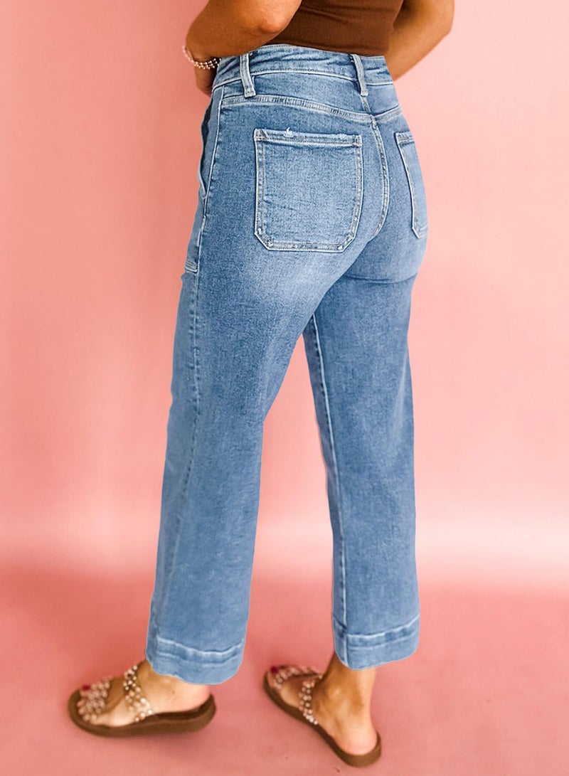 Astylish Women's Wide Leg High Waisted Fashion Jeans Stretchy Breathable Tummy Control Mom Boyfriend Baggy Casual Capri Ankle Denim Pants Summer Ashleigh Blue Size 6 - Image 3