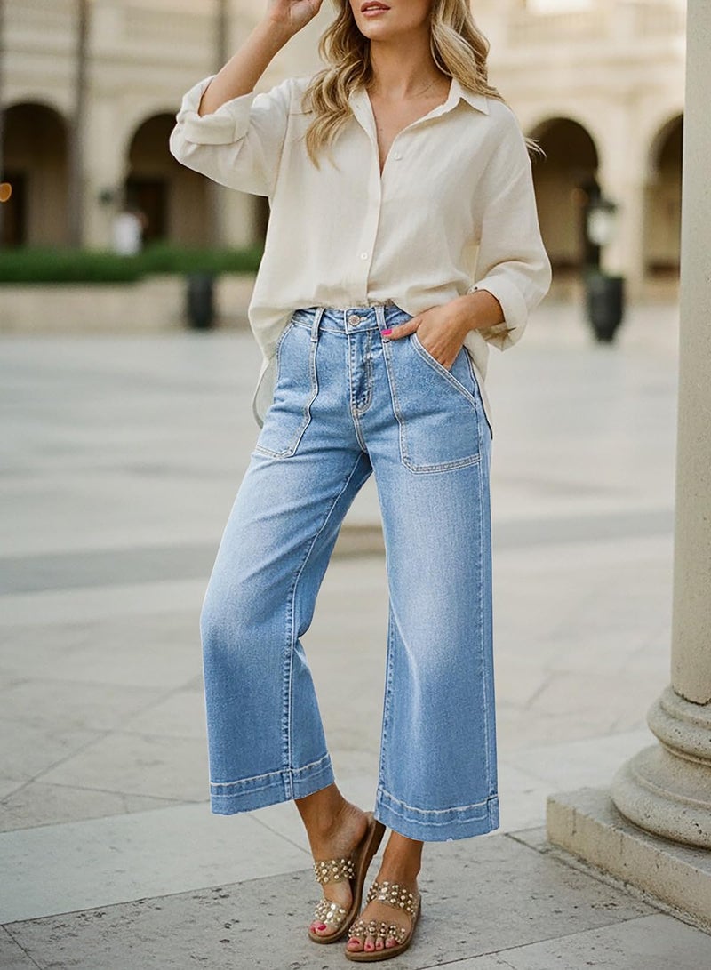 Astylish Women's Wide Leg High Waisted Fashion Jeans Stretchy Breathable Tummy Control Mom Boyfriend Baggy Casual Capri Ankle Denim Pants Summer Ashleigh Blue Size 6 - Image 4