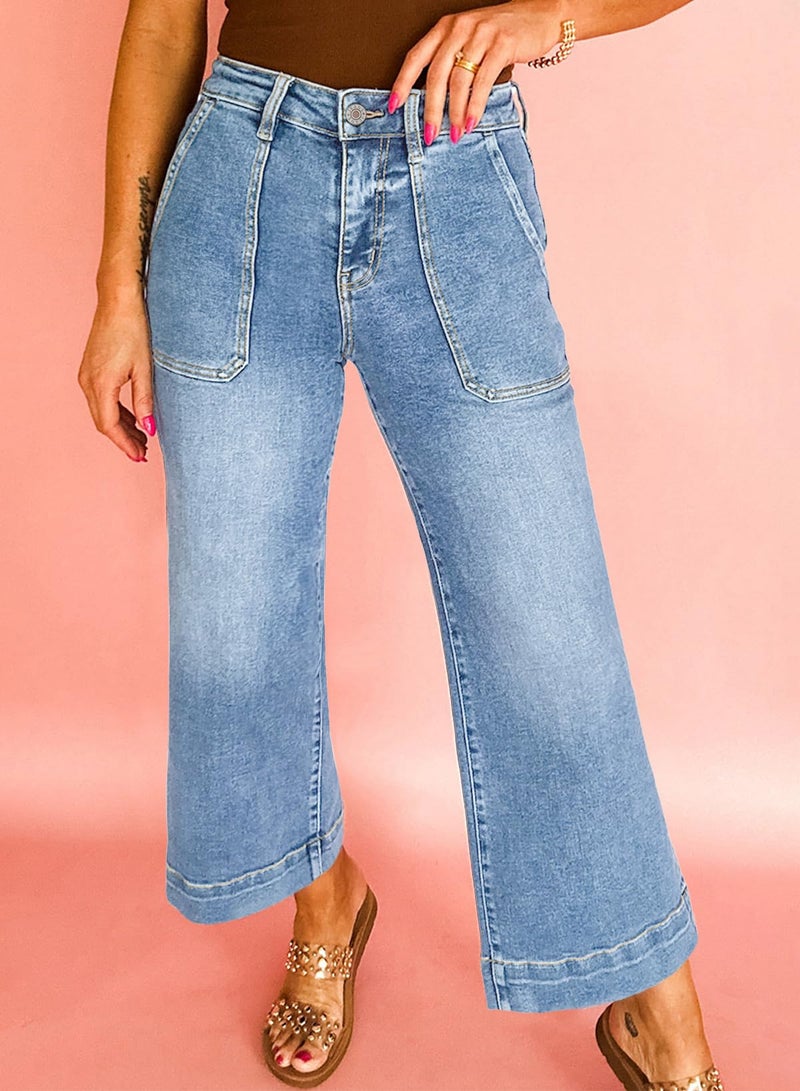 Astylish Women's Wide Leg High Waisted Fashion Jeans Stretchy Breathable Tummy Control Mom Boyfriend Baggy Casual Capri Ankle Denim Pants Summer Ashleigh Blue Size 6 - Image 2
