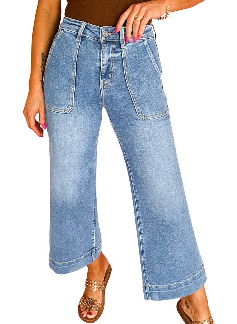 Astylish Women's Wide Leg High Waisted Fashion Jeans Stretchy Breathable Tummy Control Mom Boyfriend Baggy Casual Capri Ankle Denim Pants Summer Ashleigh Blue Size 6 - Image 1